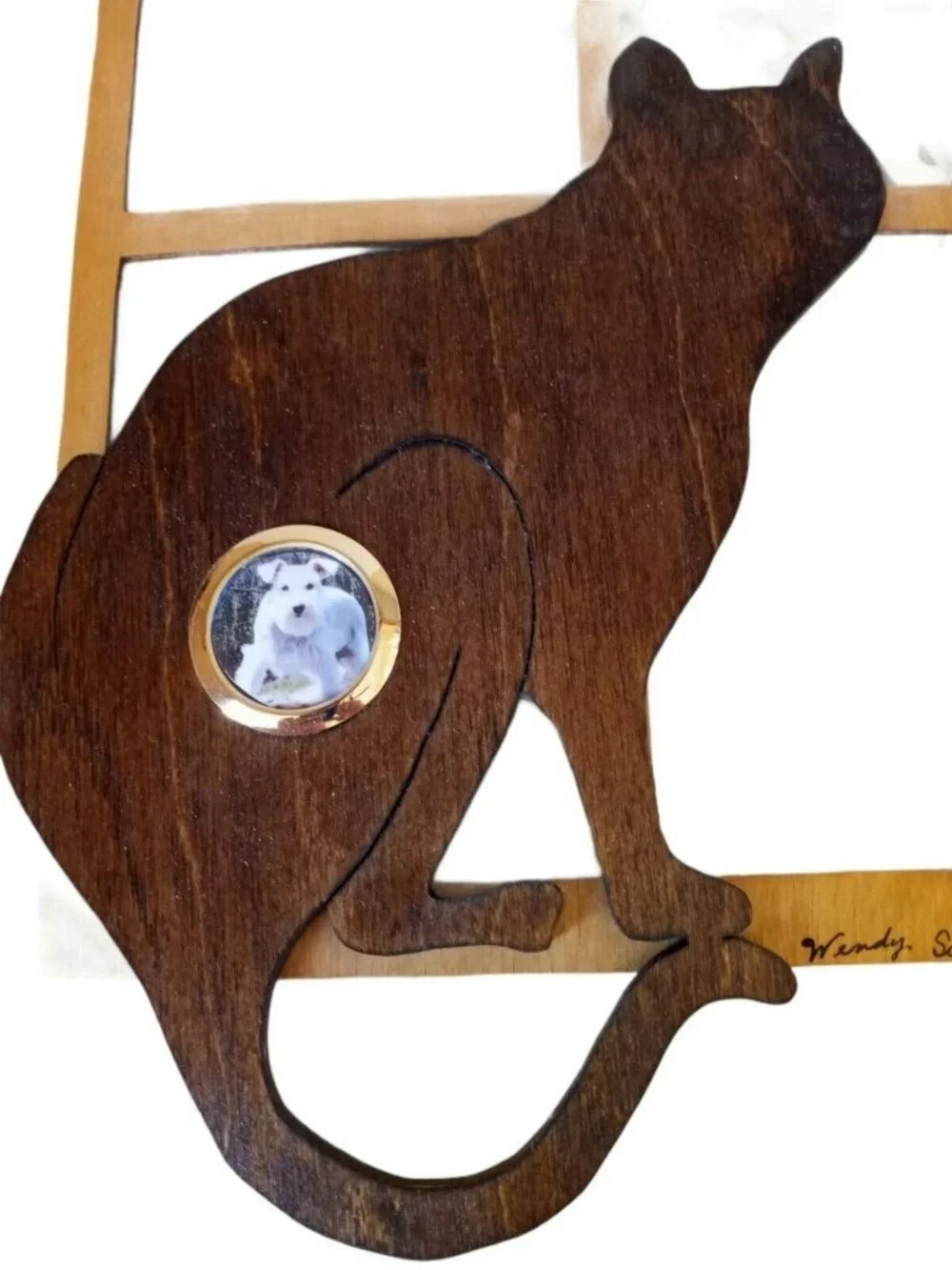 Handmade Wood Cat & Bird Wall Plaque Picture Frame Rustic Decor Artisan Design